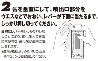 2.缶を垂直にして、噴出口部分をウエスなどでおおい、レバーが下面に当たるまで、しっかり押し切ってください。