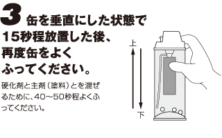 3.缶を垂直にした状態で15秒程放置した後、再度缶をよくふってください。