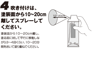 4.吹き付けは、塗装面から10〜20cm離してスプレーしてください。